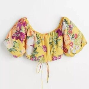 Floral Puff Sleeve Crop Top Yellow‎ Tropical Lace Up Back Cottagecore Boho Sz M